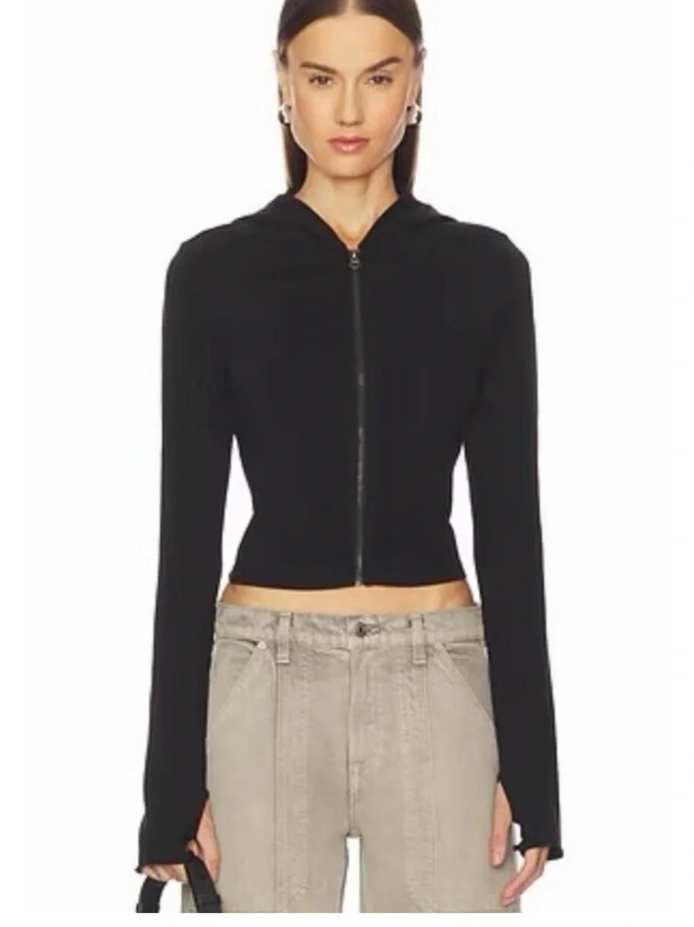 Sunday Best Black Ribbed Zip Up Hoodie Cropped Cardigan